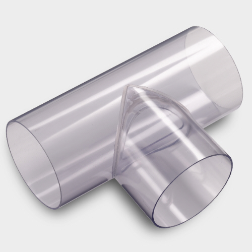 PVC T-Stück 90° Transparent, Klebemuffe, mit Führungssteg für drucklose Anwendungen